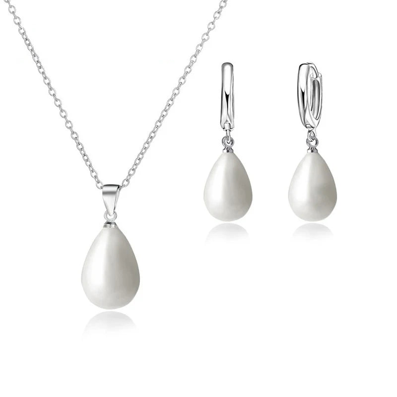 925 Sterling Silver Color Pearl Pendant Necklace Loop Hoop Earrings White Teardrop Women Girls Wedding Party Nice Gifts Qme Default Title