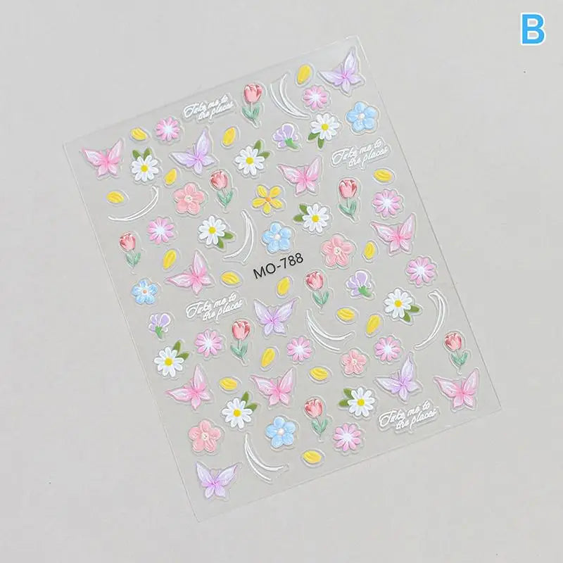 Dopamine Spring Flowers Butterfly Small Tulip Relief 3D Nail Stickers Qme B