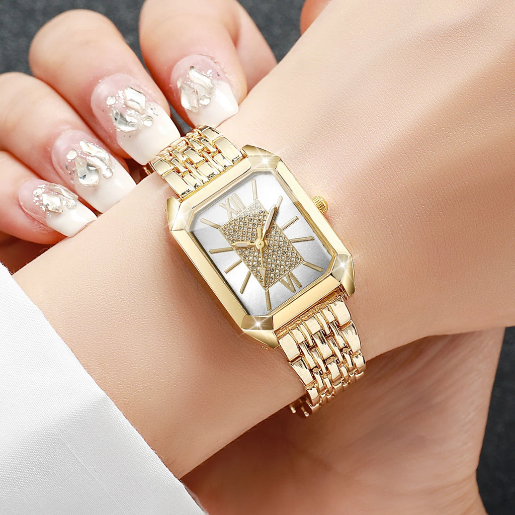 Light Luxury Steel Band Women's Watch, Needle for Female Students, Fashionable and Simple Square Quartz Wristwatch Qme