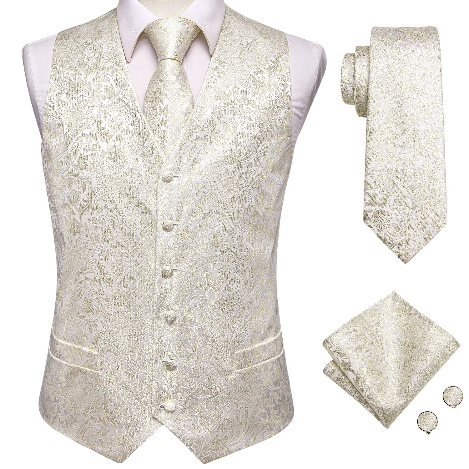 Hi-tie Mens Suit Vests Necktie Hankerchief Cufflinks Silk Slim Fit Qme 0042 M
