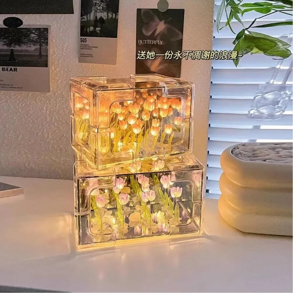 Creative Diy Tulip Flower Sea Cube Three-dimensional Small Night Lamp Qme