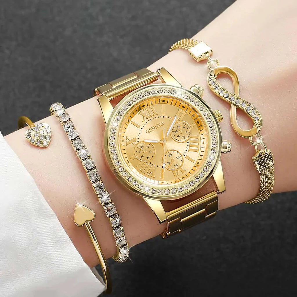 Elegant Sparkling Rhinestone Women Gift Set, GENEVA Gold Tone Chronograph Watch Matching Diamond Heart Infinity Jewelry Bracelet Qme