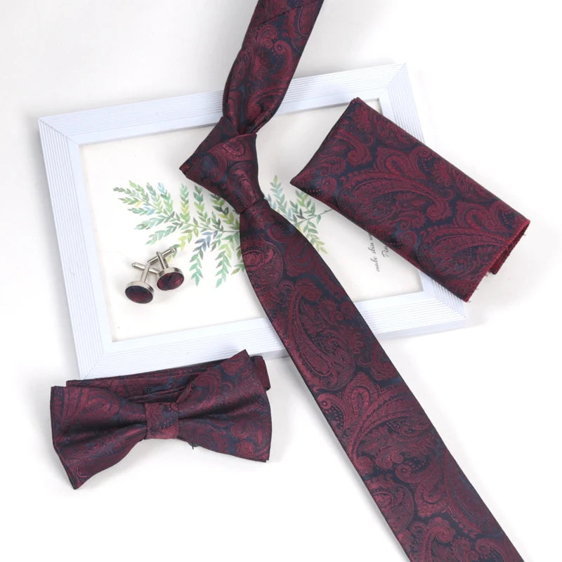 Tie Red Maroon Burgundy Rose Men Pocket Square Cufflinks Jacquard Qme