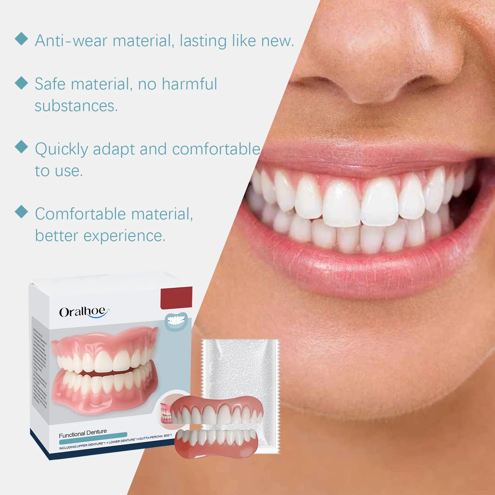 Temporary Denture Reliner Kit Cover Missing Broken Teeth Upper and Lower Dental Veneers Enhance Aesthetics Fake Tooth Oral Care Qme