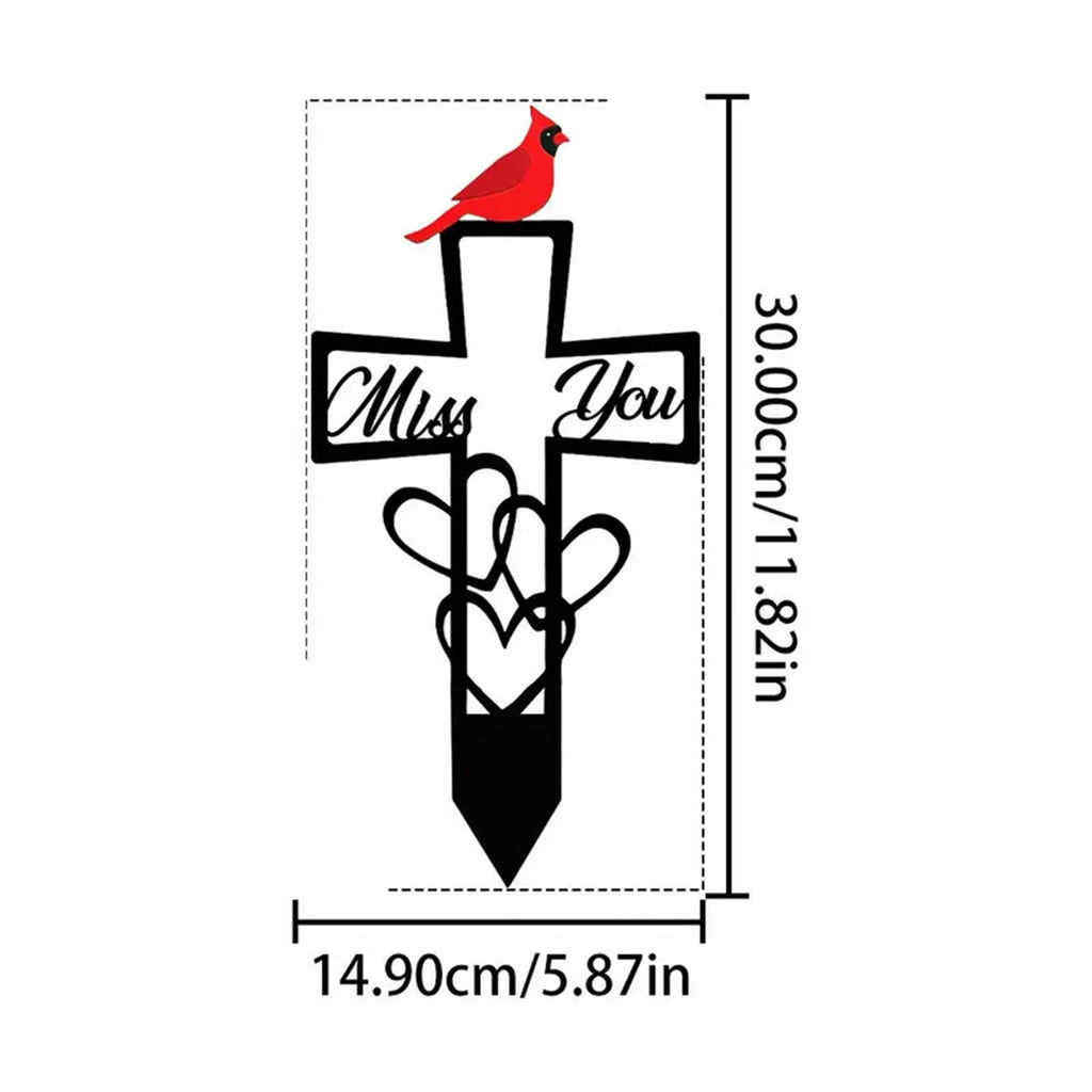 Metal Cemetery Memorial Plaque for Remembrance Red Bird Markers Cross Sign 5.87x11.82in Weatherproof for Easter Sympathy Gifts Qme