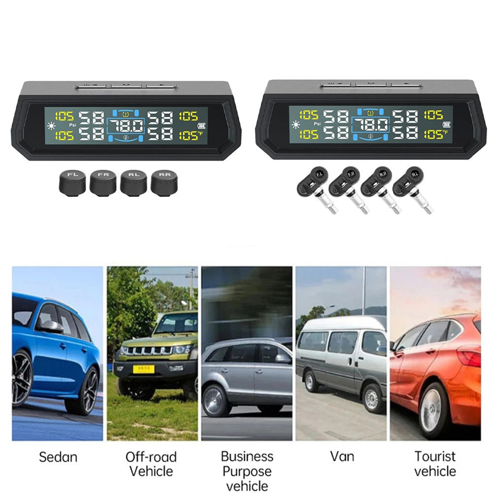 Solar/USB Powered Tire Pressure Monitoring System LCD Display Tire Pressure Monitor System IPX7 Waterproof for RVs Trailers Cars Qme