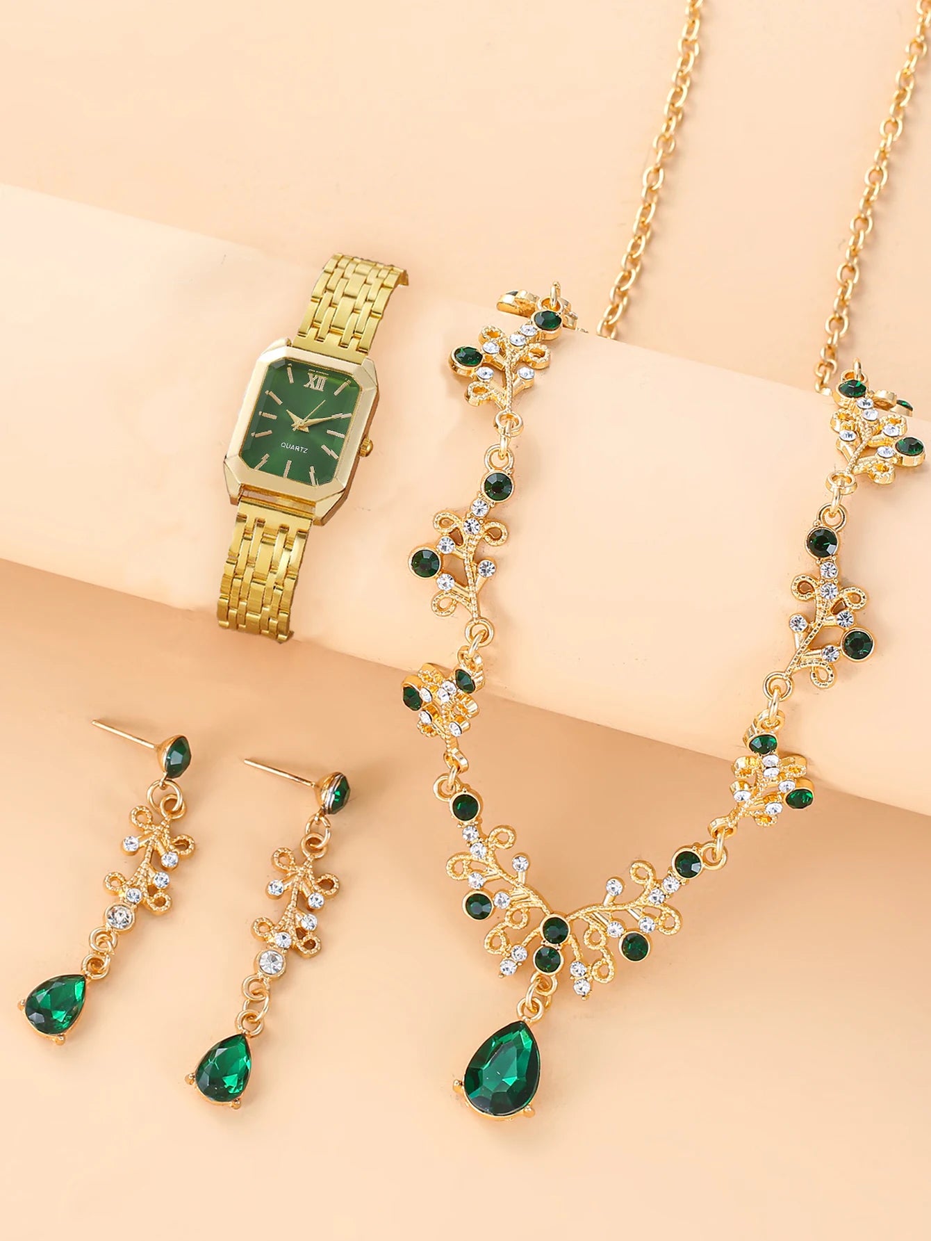 1pcs women's watch, female student fashion, simple square quartz watch+3 pcs oval gemstone flower set Qme Golden Green Set