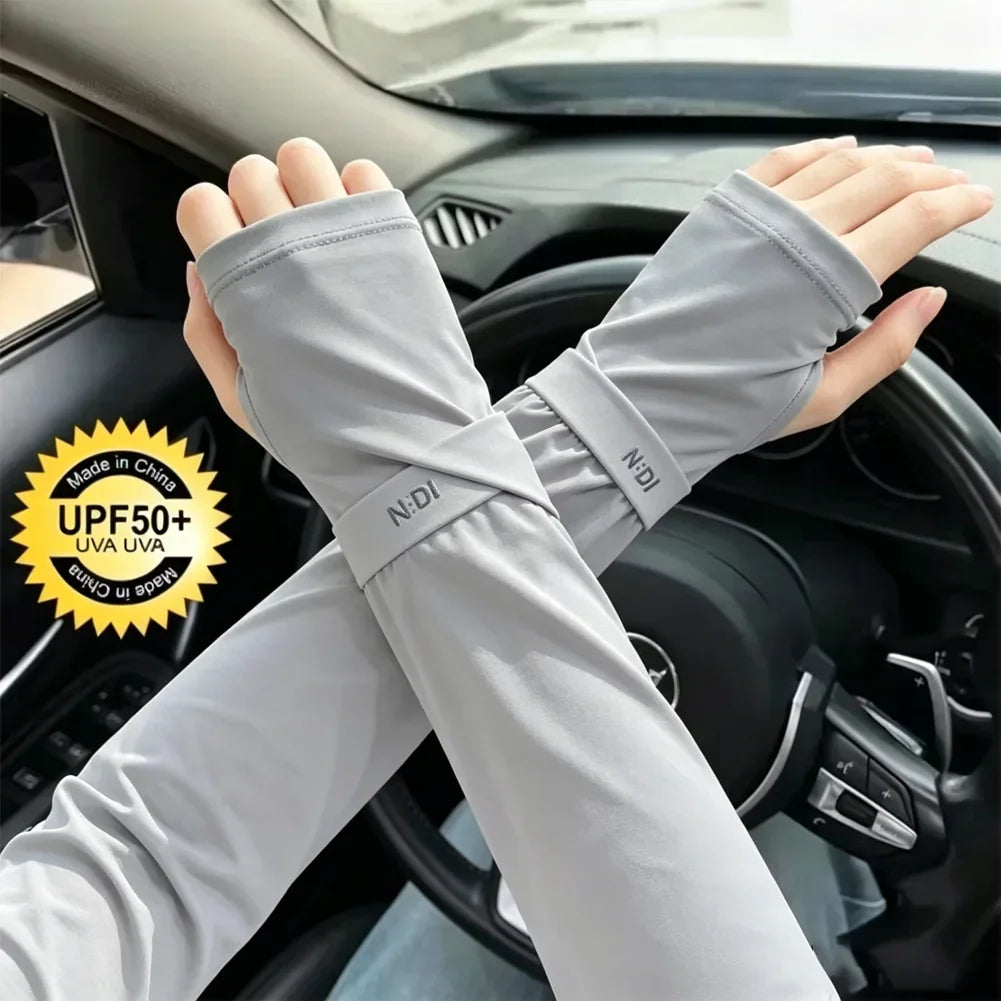 1 Pair Mens Ice Arm Sleeves Sunscreen Elastic Driving Gloves Outdoor UV Protection Arm Cover Sleeves Lightweight Cool Muff New Qme WHITE