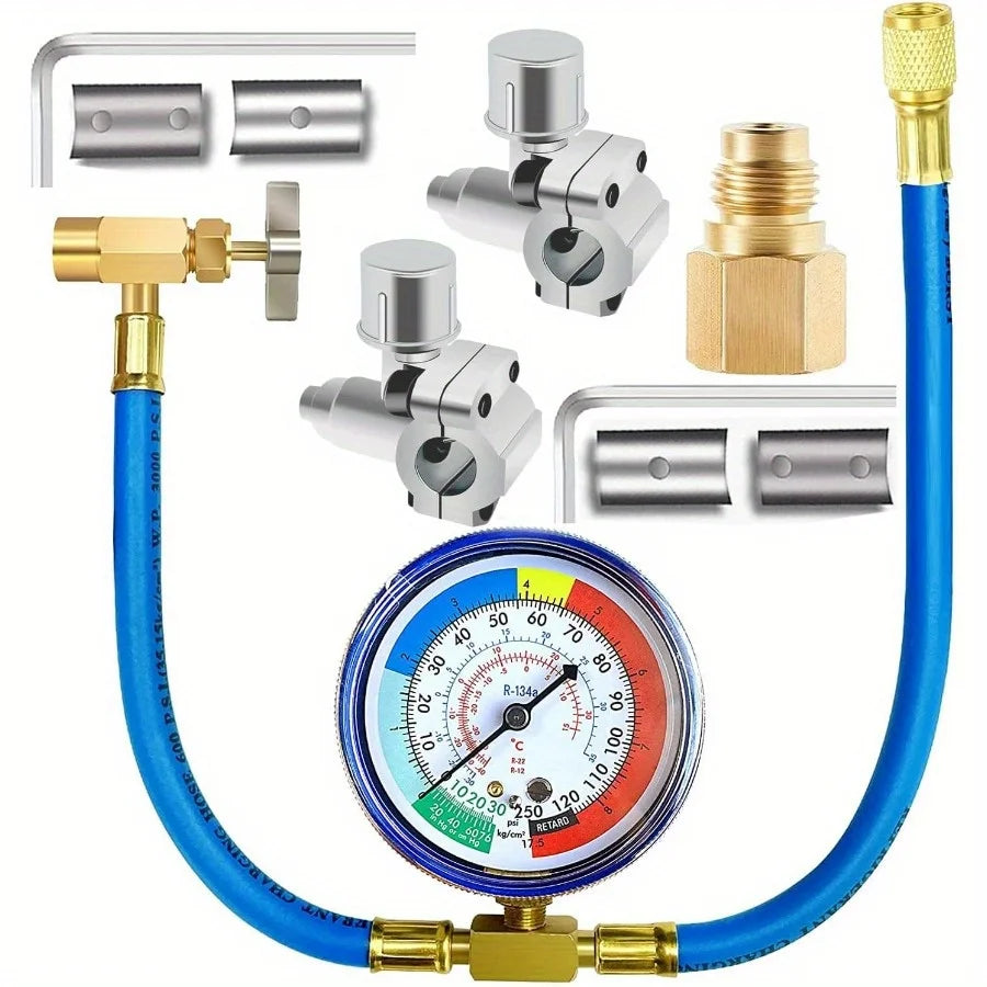 R134A Air-conditioning Freon Refrigerant Charge Hose Kit with Bullet Piercing Valve Hose Refrigerant Tap Adapter Car Accessories Qme 1 set