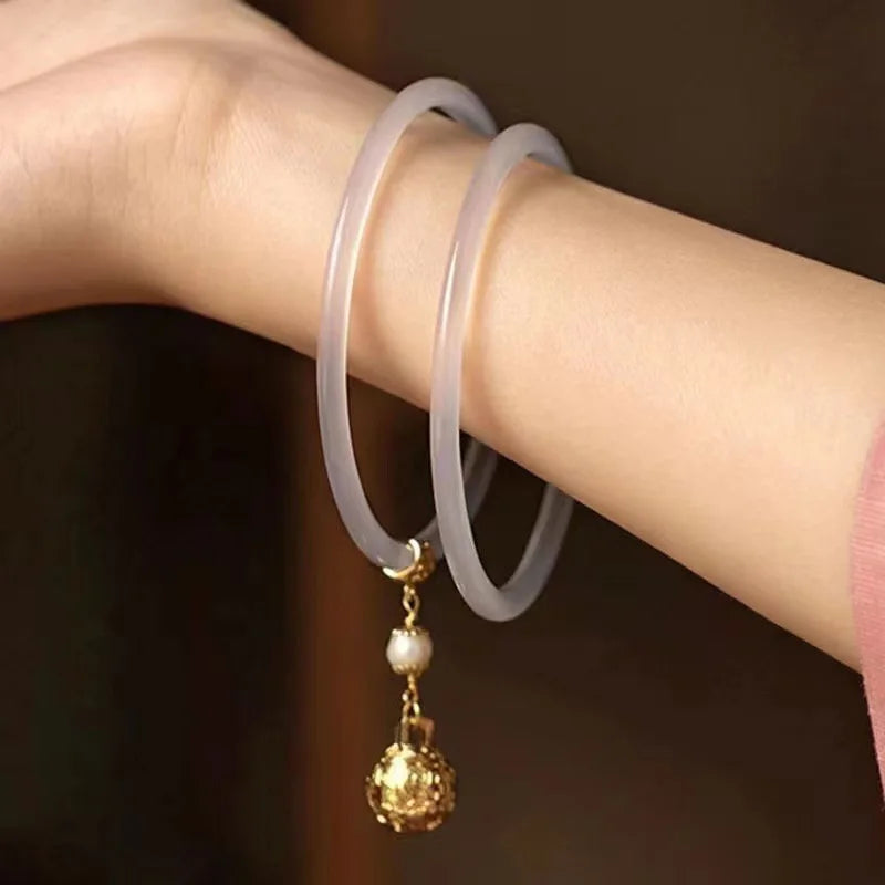 2Pcs/Set Natural Jade Jingle Bangles Retro Fairy Bell Glass Bracelet Femme Fashion Women's Casual China Jewelry Gifts Qme