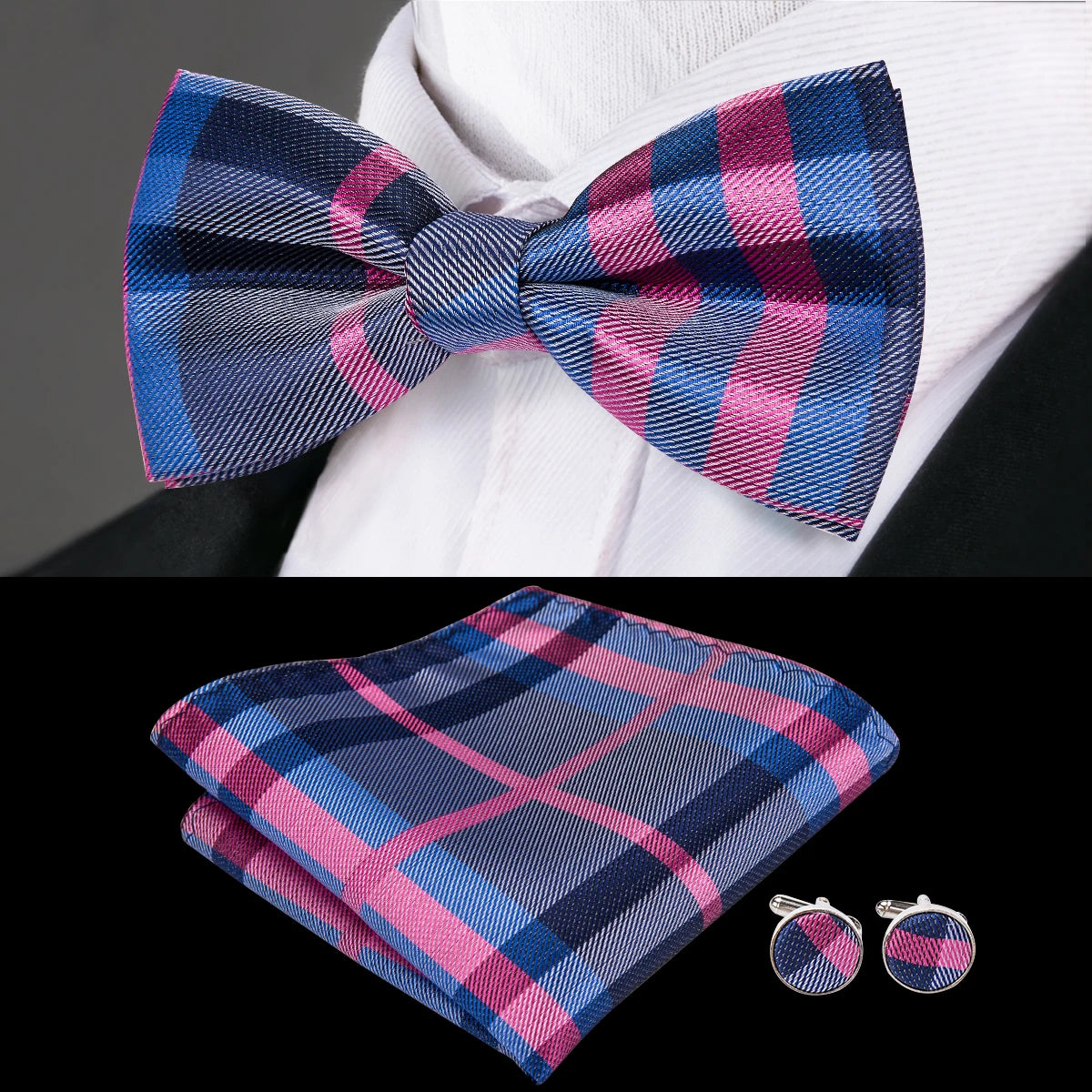 Hi-tie Grey Plaid Jacquard Pre-tied Mens Bow Tie Hanky Cufflinks