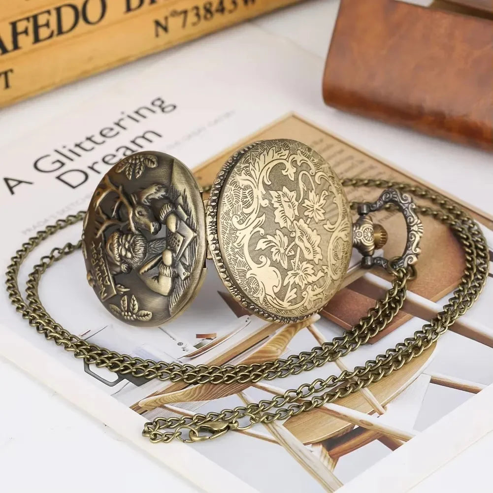 Elderly people giving gifts Antique Bronze Jewelry Pendant Santa Claus Necklace Steampunk Quartz Pocket Watch with Chain Qme