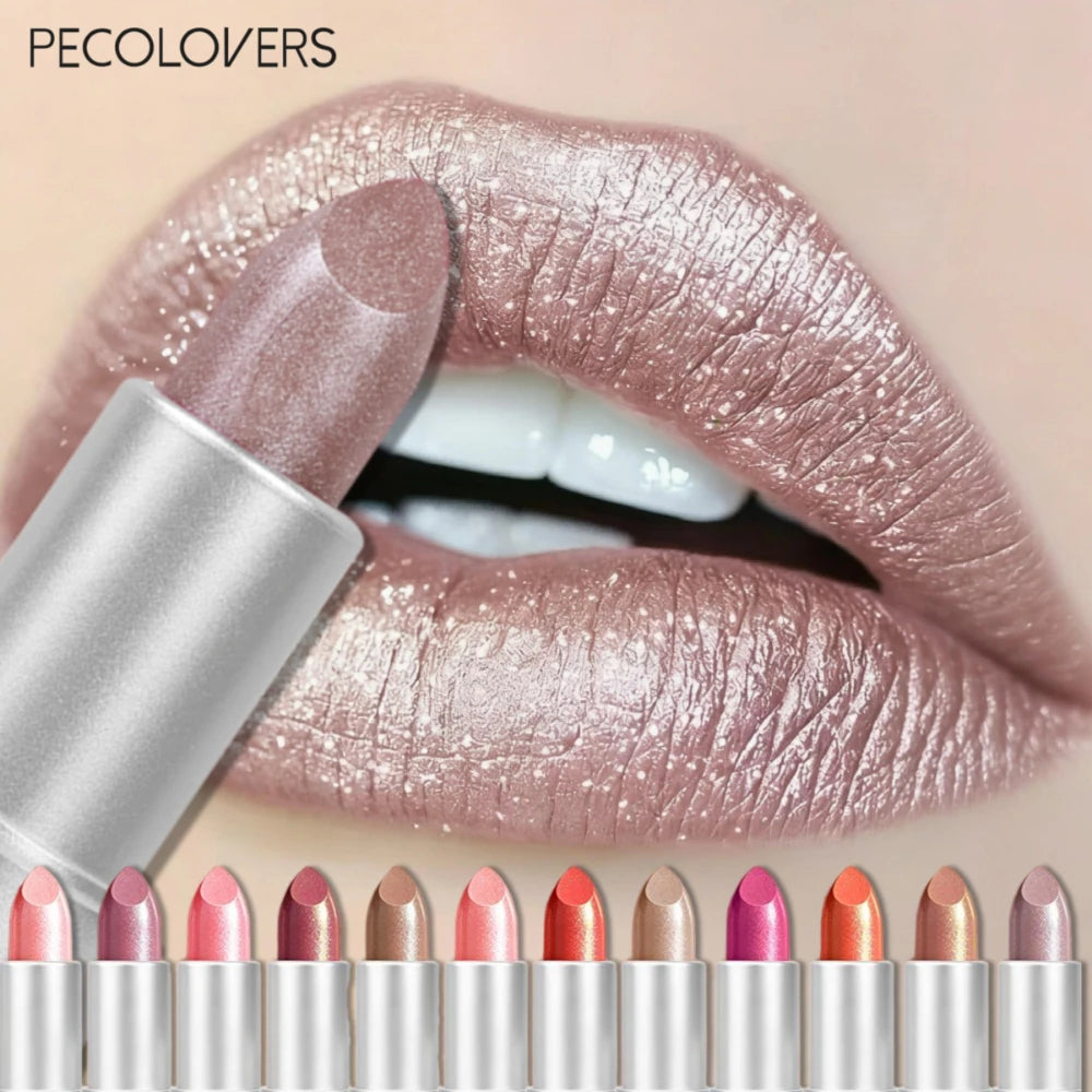 Elegant Glitter Lipstick Woman Shimmer Golden Pink Colors Tones Qme
