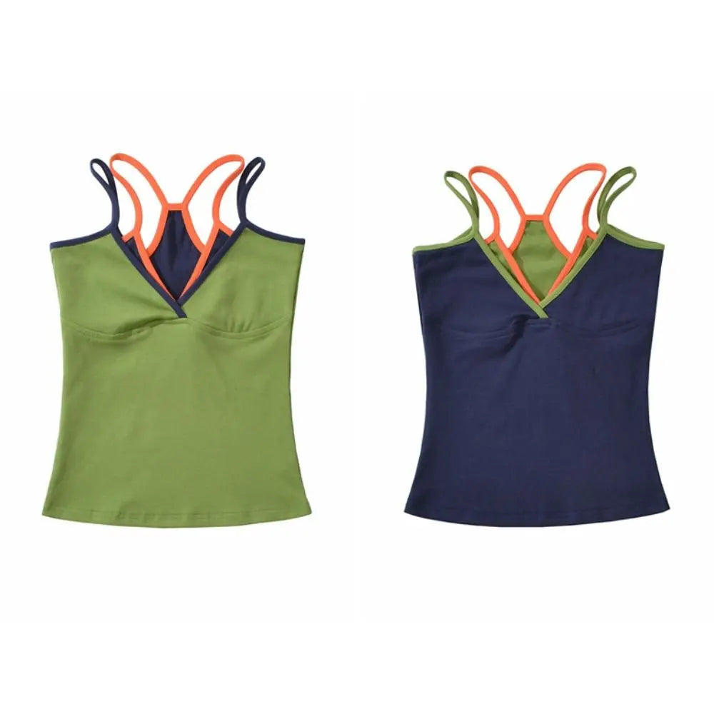 Fashion Slim Fit Fake Two Camisole Patchwork Streetwear Crop Tops Qme