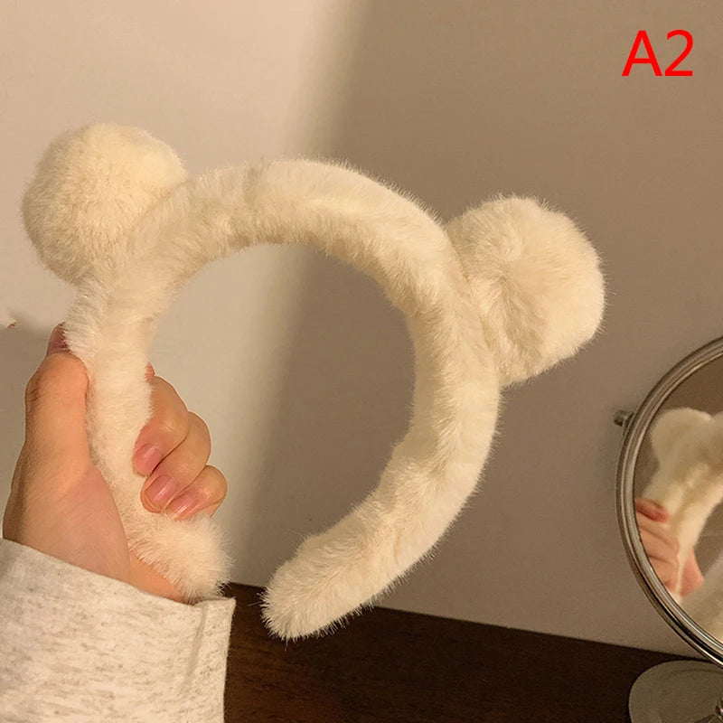 Girls Cute Plush Bear Rabbit Ears Headband Autumn Winter Head Hoop Qme White