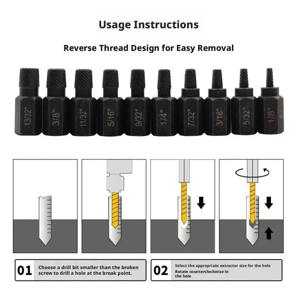 10pcs schroef extractor kit legeringsstaal beschadigde schroef verwijderer metaal gemakkelijk uit boorbutten gebroken bout stud Qme