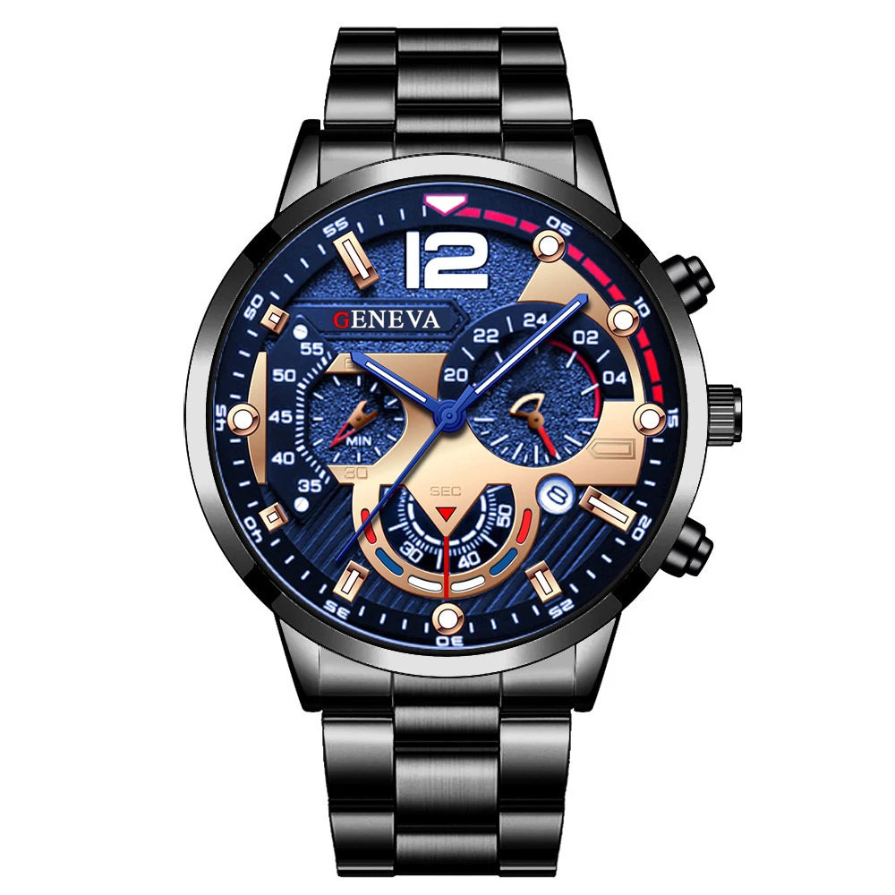 Silver Steel Band Men Chronograph Watch, Large Dial GENEVA Analog Quartz Watch for Business Casual Daily Wear Qme Black Blue