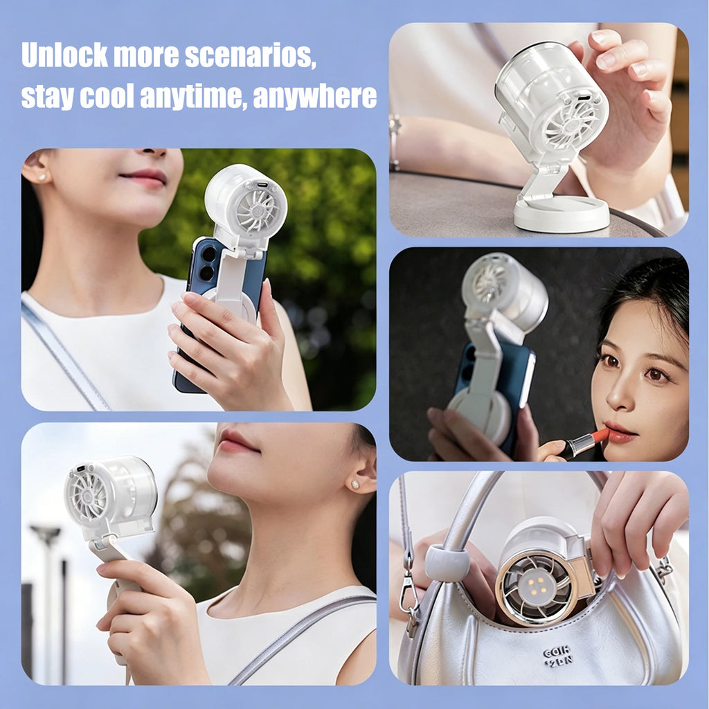 5-in-1 Foldable Mini Fan, Magnetic Phone Cooler with LED Fill Light, Handheld & Desktop 2-in-1, USB Rechargeable Portable Fan Qme