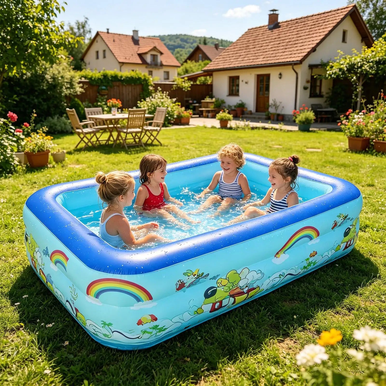Young Kids Pool Inflatable Rectangle Safe Landing Inflating Kids Pool for Backyard for Students Girls Children Parents Backyard Qme