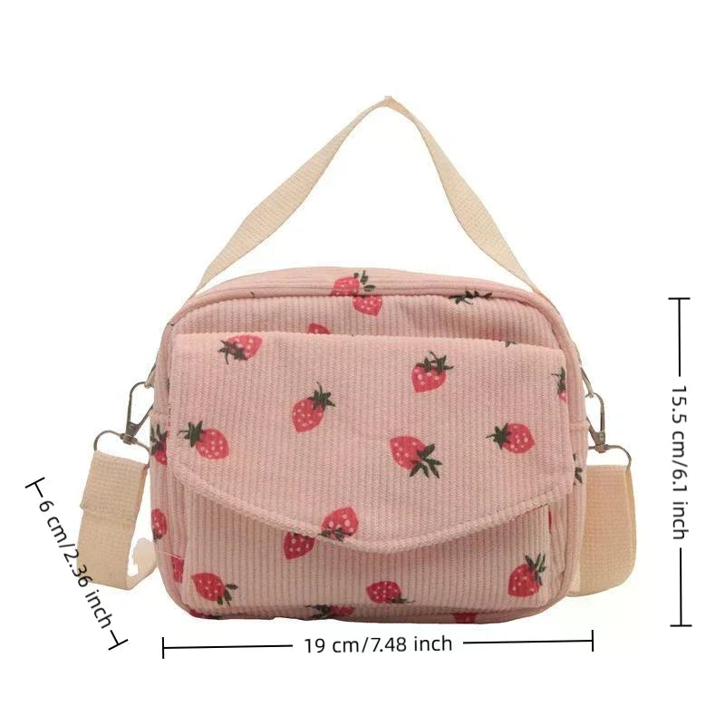 Strawberry Pattern Messenger Bags Corduroy Women's Small Shoulder Bag Teenager Girl Crossbody Bag Cute Tote Student Square Bag Qme