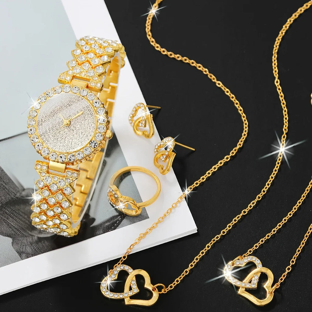 6pcs/set Women's Shiny Rhinestone Quartz Watch Analog Stainless Steel Band Wrist Watch & Heart Jewelry Set, Gift For Mom Her Qme