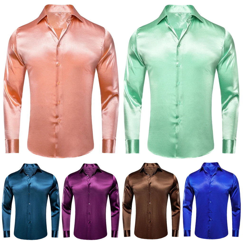 Hi-tie Plain Satin Silk Mens Dress Shirts Long Sleeve Suit Shirt Qme