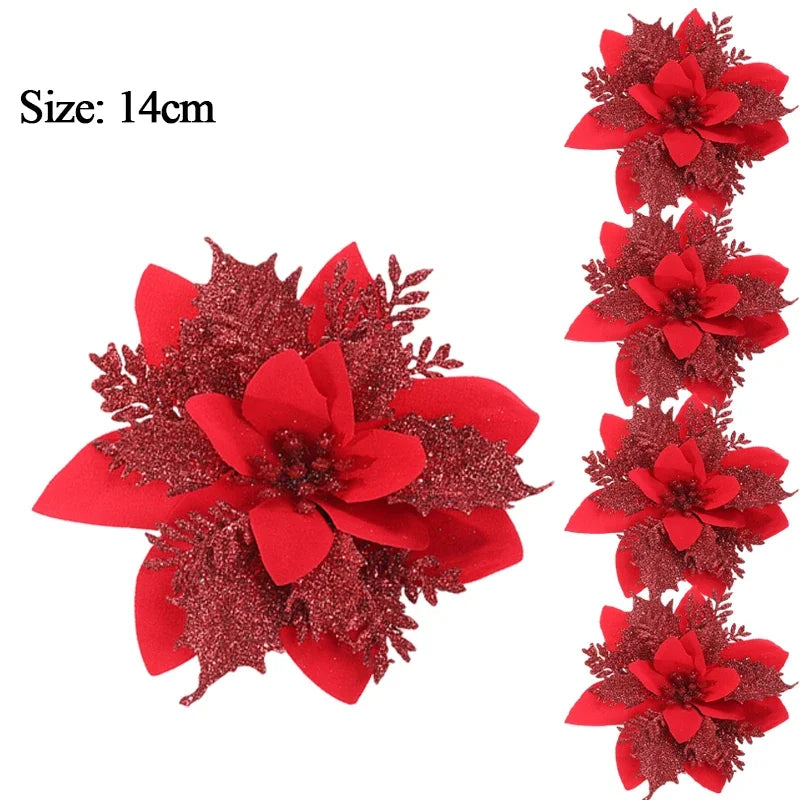 10/1Pc Christmas Glitter Artificial Flowers DIY Christmas Tree Hanging Ornaments Fake Flower For Xmas New Year Party Decor Gifts Qme Red 10pcs