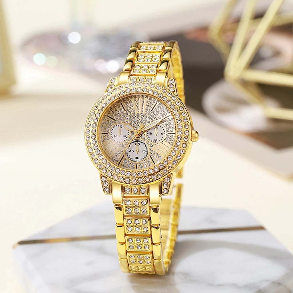 1 pcs full diamond Roman literal steel strap watch with starry temperament quartz watch paired with 5 pcs of large heart set Qme
