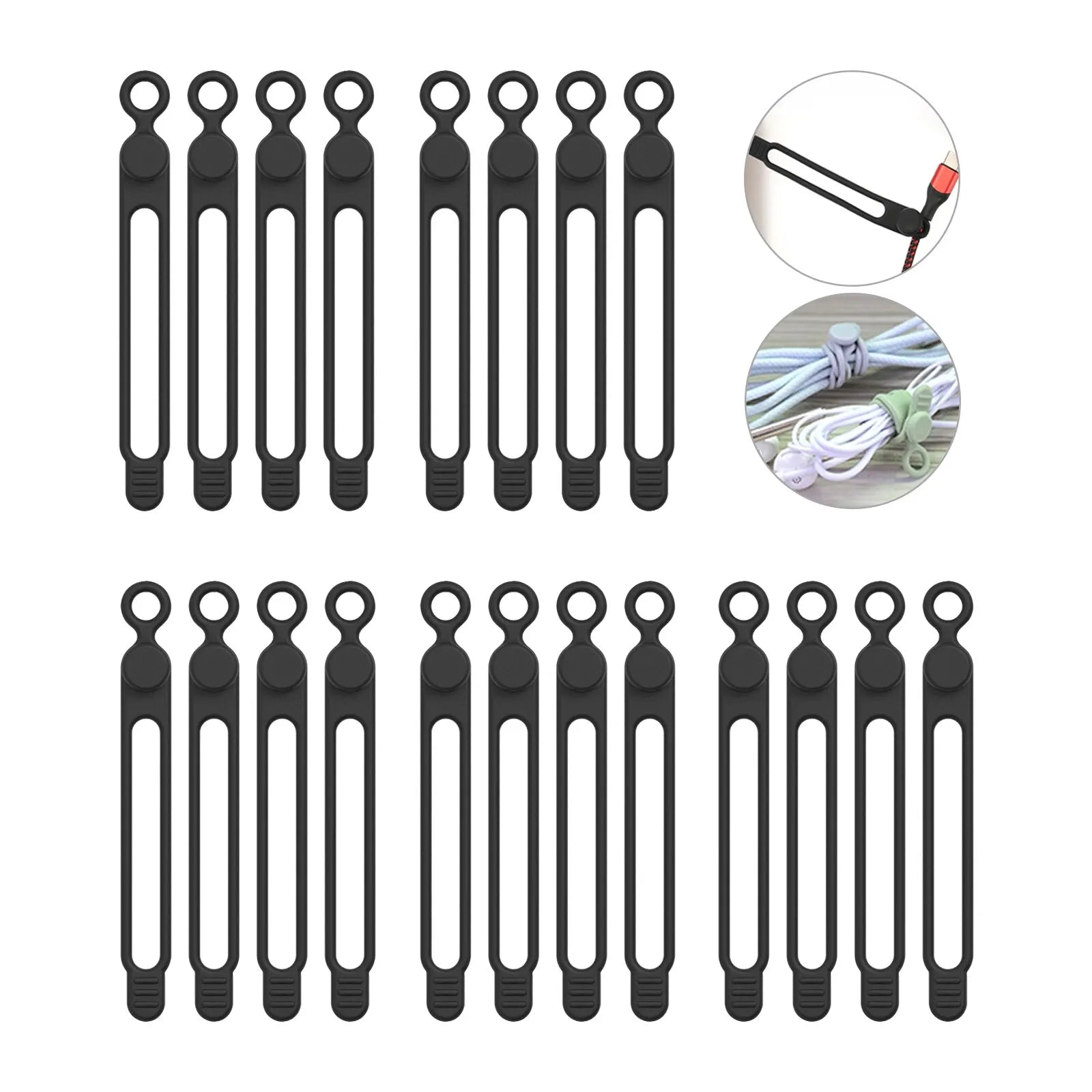 Silicone Cable Ties,Cord Organizer,Cable Straps,Reusable Cord Ties,Travel Cable Organizer ,Cute Elastic Tie, Wire Ties Qme Black 20pcs