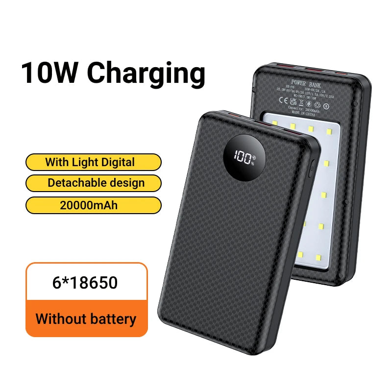 Multifunctional 6 Slots 18650 Battery Holder DIY Mobile Power Shell 10W Fast Charging LED Lamp Outdoor Portable Charger Case Qme black