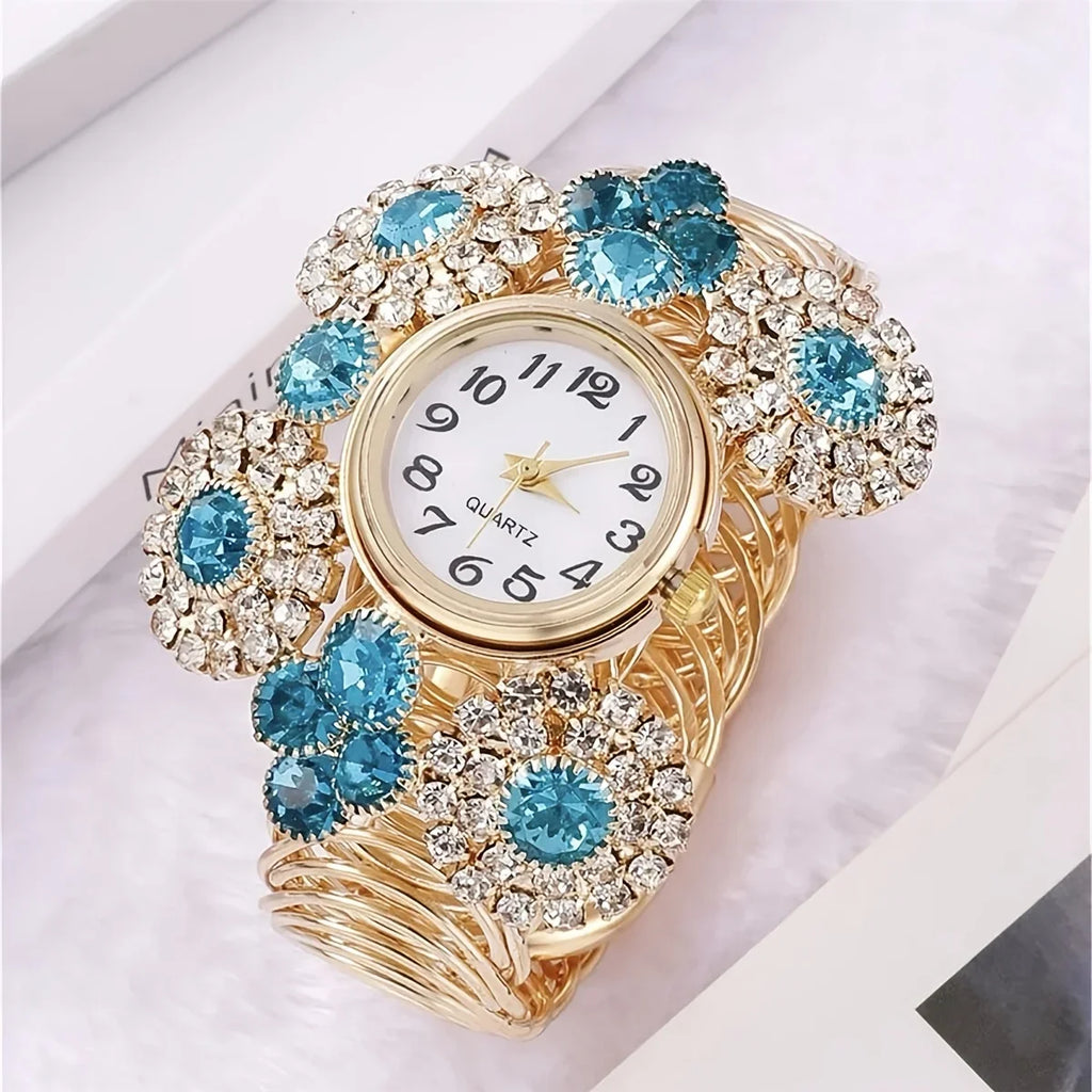 Rhinestone Flower Decor Quartz Bracelet Watch Boho Analog Cuff Bangle Dress Watch, Gift For Mother's Day Valentine's Day Qme