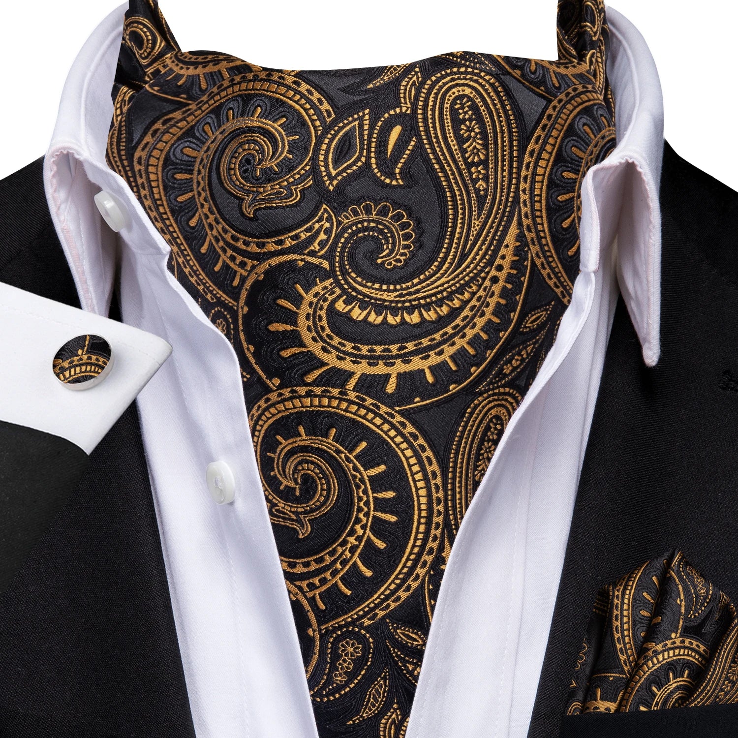 Men's Ascots Fashion Luxury Paisley Cravat Set with Cufflinks and Handkerchiefs for Daily Casual Outing Qme LDAS1163