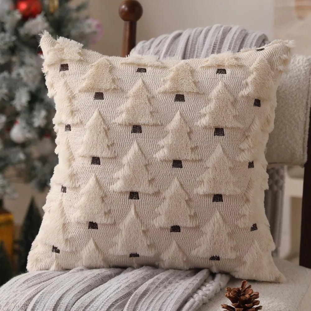 Christmas Pillow Covers 18x18inch Tree Throw Cases Soft Plush Winter Qme Beige 450*450mm