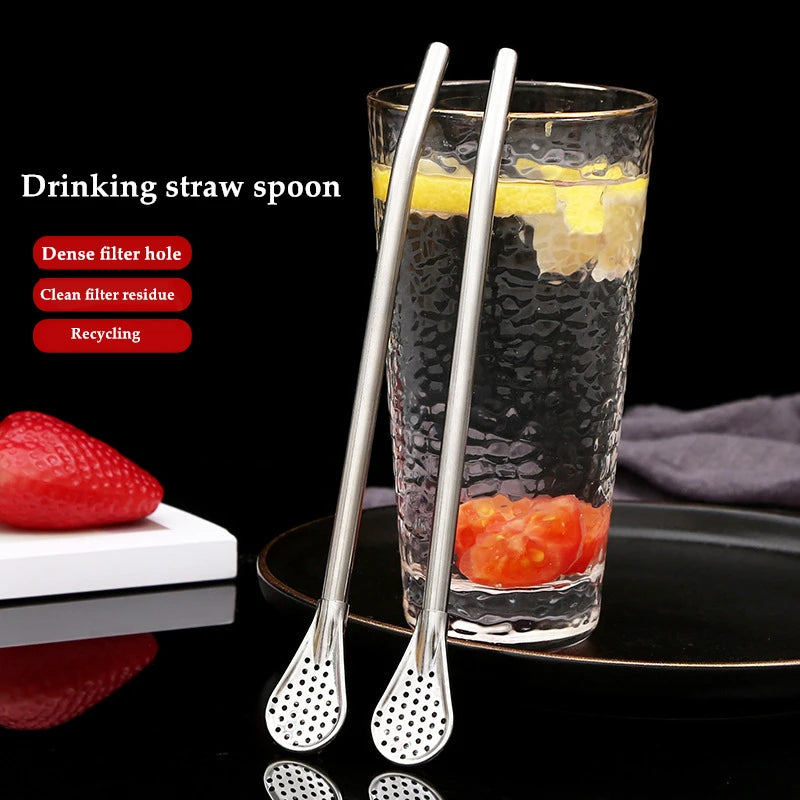 Stainless Steel Drinking Straw Spoon Tea Filter Detachable Reusable Metal Straws with Brush Drinkware Bar Party Tool Accessories Qme