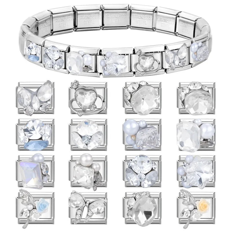 Y2K Blue Pink Gems Bows Heart Water Drop Butterfly Italian Charm Links Stainless Steel Fit 9mm Bracelet Jewelry DIY Making Gifts Qme