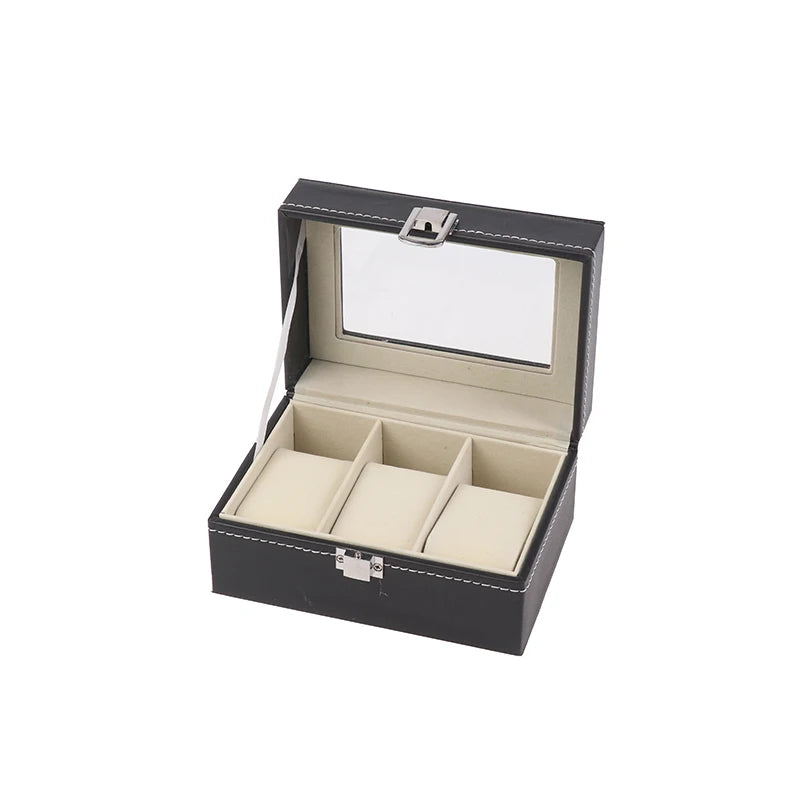 1Pc Black PU Leather Watch Box Display Case Organizer With Framed Glass Lid And Removable Pillow For Men And Women Qme 3 Slot