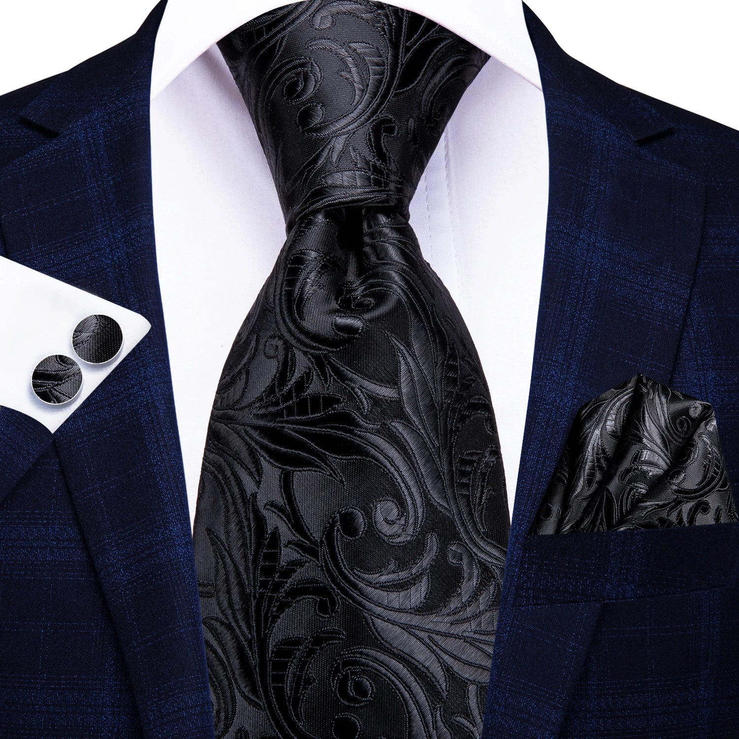 Tie Set for Men, 3-Piece Wedding Accessories with Cufflinks & Pocket Handkerchief, Striped/Floral Design Qme DPTH-LDSN3346