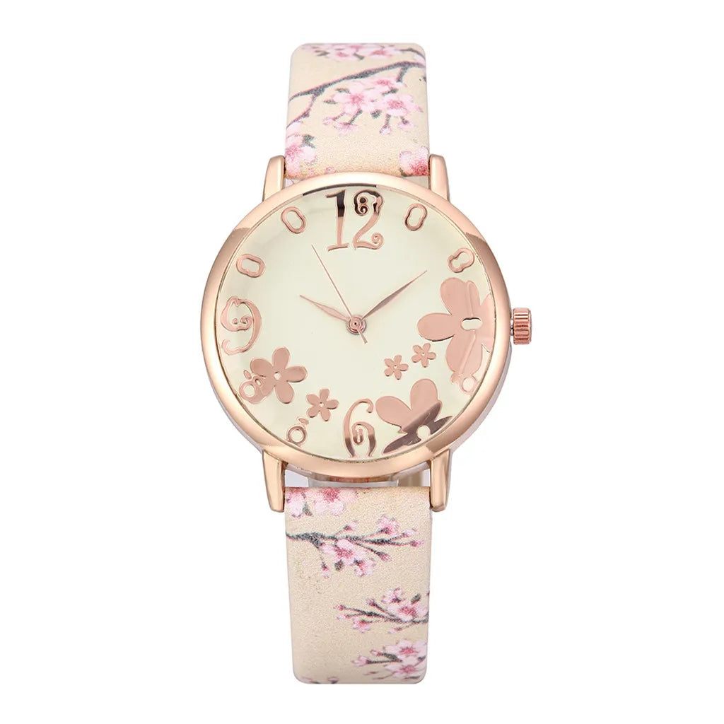 Watch for women with Colorful flowers small fresh printed belt Fashion Ladies Quartz Watch Exquisite watch часы женские Qme beige