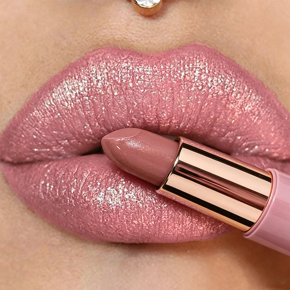 JUJU DREAM Nude Pink Rose Gold Shimmer Lipstick Metallic Glitter Qme