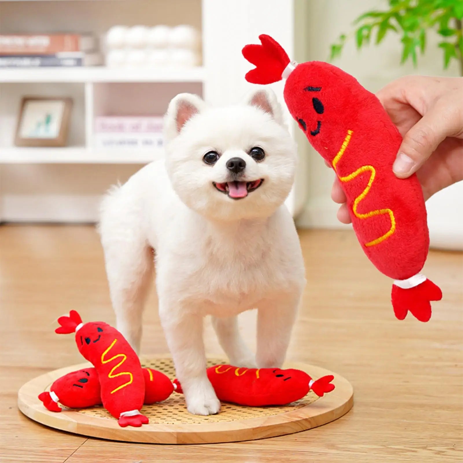 Dog Squeak Toys Hot Dog Shape Plush Puppy Chewing Supplies Pet Grinding Teeth Toy for Pet Parents Trainers Apartment Bedroom Qme
