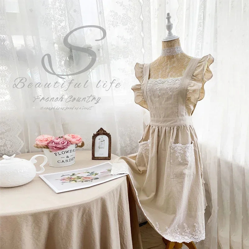 Female Women Apron Cotton Linen Aprons Dress Garden Cafe Kitchen Cooking Florist Palace Style Vintage Fashion Dress Aproning Qme Beige