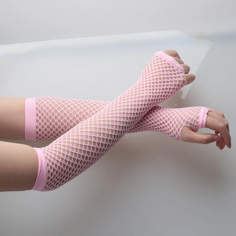Womens Fashion Long Fishnet Fingerless Gloves Party Wear Girls Punk Qme pink