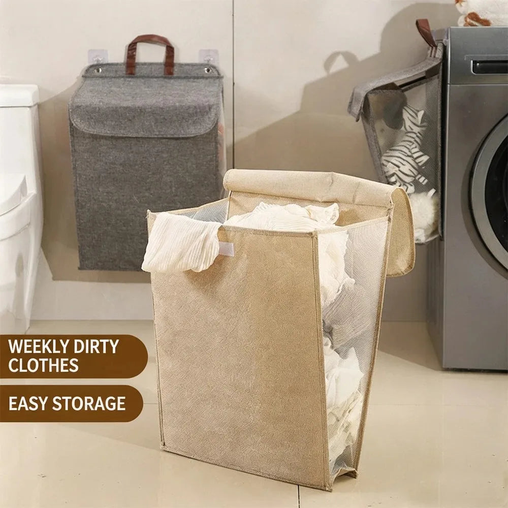 1pc Foldable Adhesive Laundry Basket Portable Laundry Basket Multifunctional Punch Free Wall Hanging Washing Clothes Mesh Hook Qme