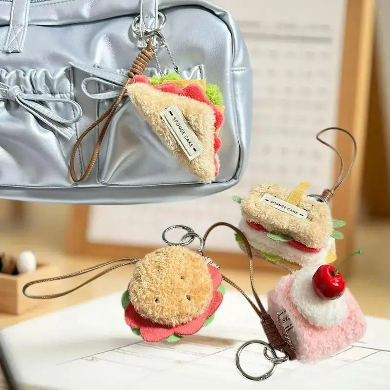Fun and Creative Food Simulation Plush Keychain; Sandwich, Hamburger, Cake; Cute Stuffed Doll Bag Pendant Gift Qme
