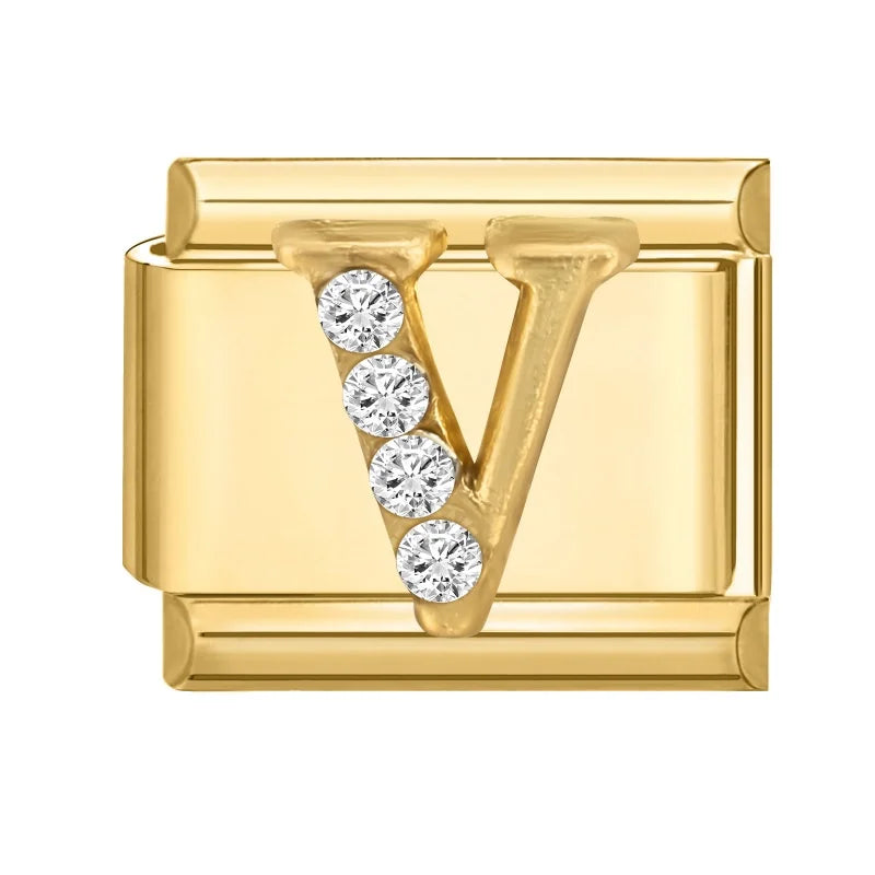 Wholesale Shiny CZ 26 Letters A-Z Gold Color Italian Charms Gold Plated 9mm Stainless Steel Modular Bracelet DIY Jewelry Gift Qme V