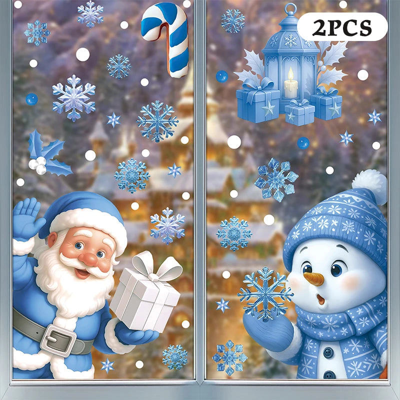 Blue Christmas Window Clings-Static Sticker Set With Bells, Reindeer, Santa, Snowflakes & Snowman For Holiday Party Decor Qme A5