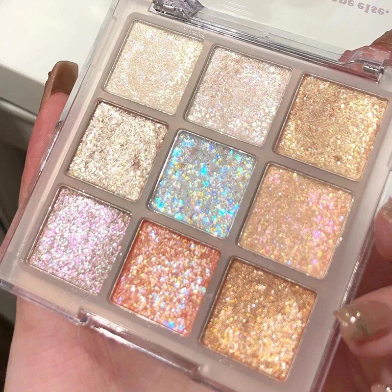 9-Color Glitter Eyeshadow Palette Champagne Pink Pearly Eye Shadow Shimmer Highlights Cool Tone Charming Sparkling Eyes Makeup Qme 1pcs