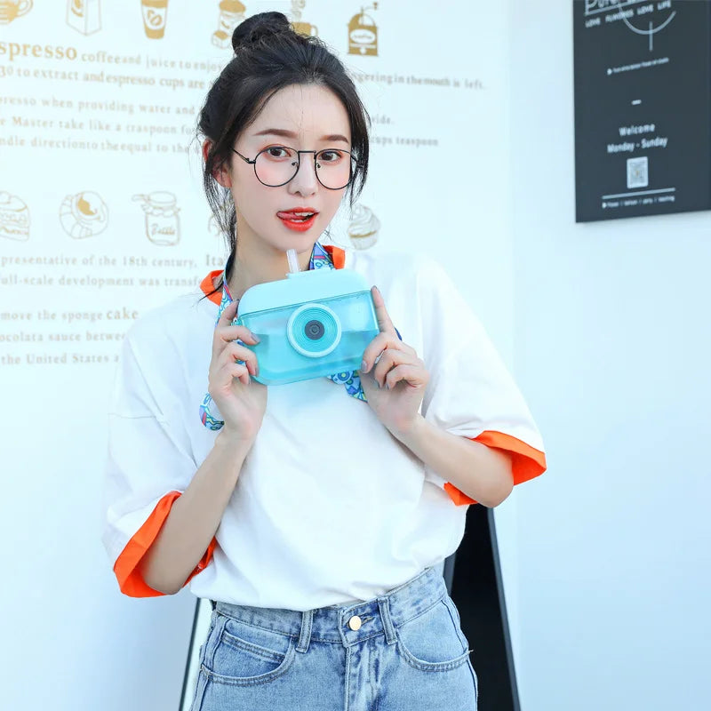 Cute Camera Shaped Kids Plastic Sippy Cup Strap Portable Outdoor Qme blue