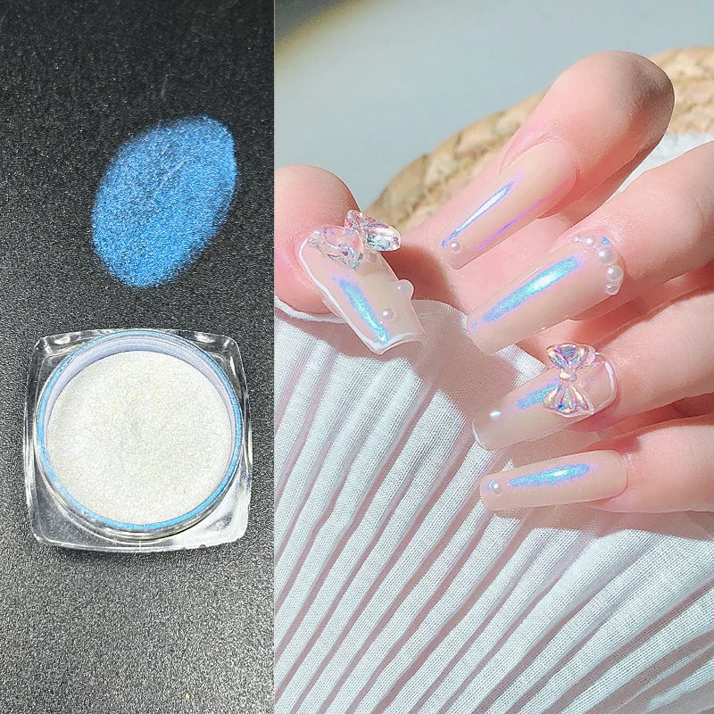Icy Aurora Glitter Powder, Fairy Nail Glitter with Polarizing Shine, Transparent Holographic Mirror Glitter for Nail Art, 1g Qme Aurora Blue