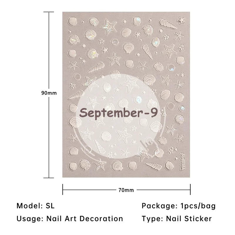 5D Embossed Nail Art Stickers Seashell Starfish Ocean Design Qme